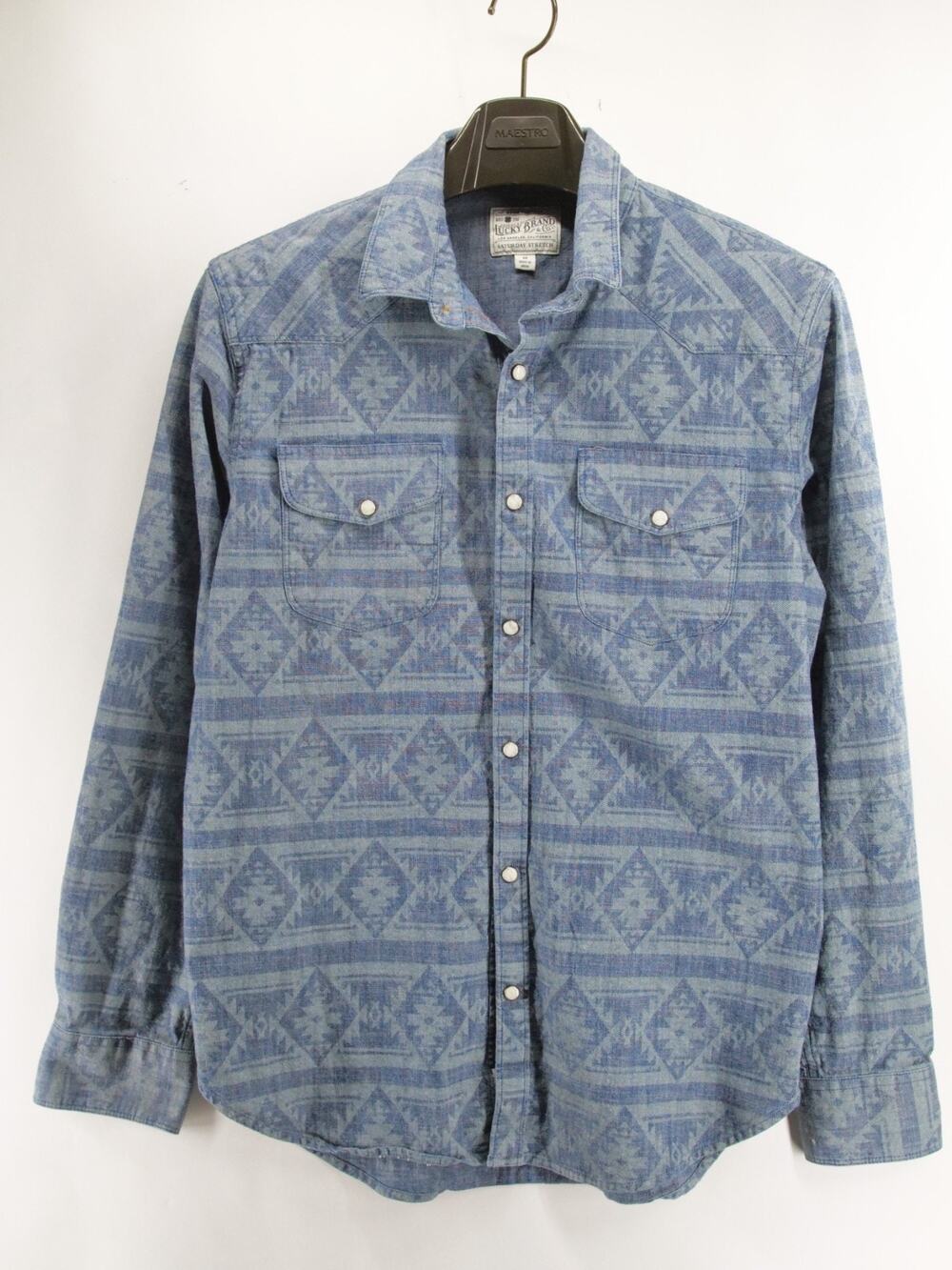 Lucky Brand Aztec Pearl Snap Shirt Mens Size Medium Blue Saturday Stretch Casual